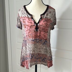 RXB Graphic Asymmetric Patchwork Style Patterned Blouse Sz L